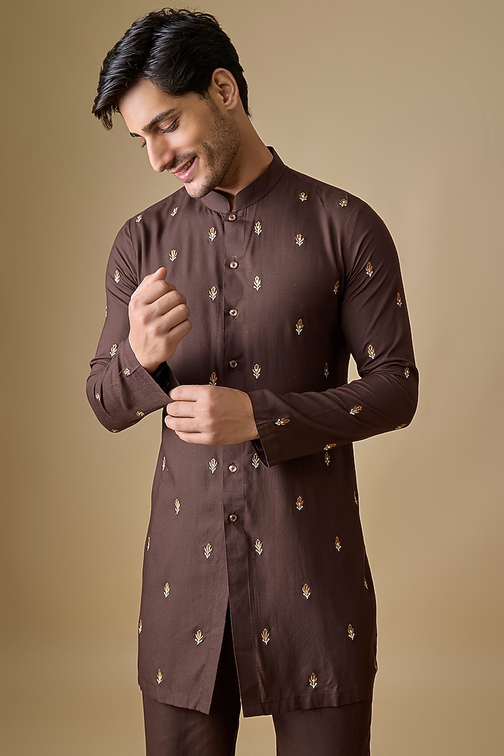Brown Rayon Silk Resham Embroidered Kurta Set by Sharad Raghav men at Pernia's Pop Up Shop