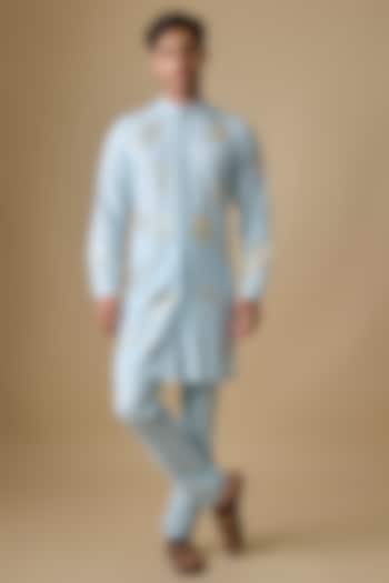 Ice Blue Linen Silk Foil Printed Kurta Set by sharad raghav men