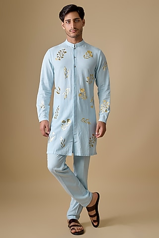 Ice Blue Linen Silk Foil Printed Kurta Set by Sharad Raghav men