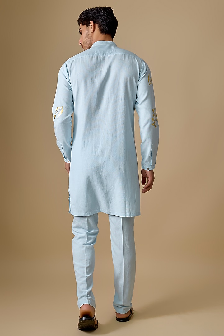 Ice Blue Linen Silk Foil Printed Kurta Set by Sharad Raghav men at Pernia's Pop Up Shop