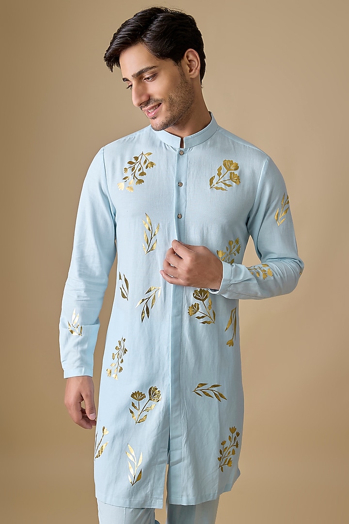 Ice Blue Linen Silk Foil Printed Kurta Set by Sharad Raghav men at Pernia's Pop Up Shop