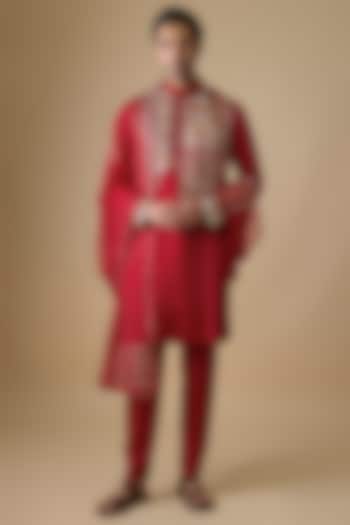 Red Silk Zari & Gota Patti Embroidered Kurta Set by sharad raghav men