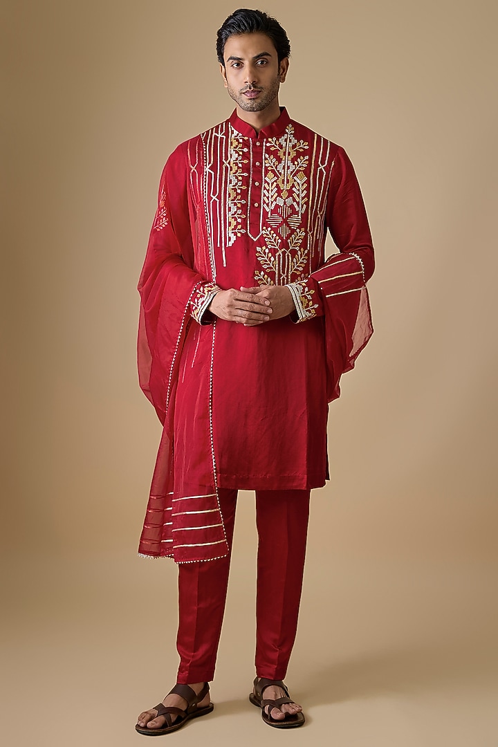 Red Silk Zari & Gota Patti Embroidered Kurta Set by sharad raghav men