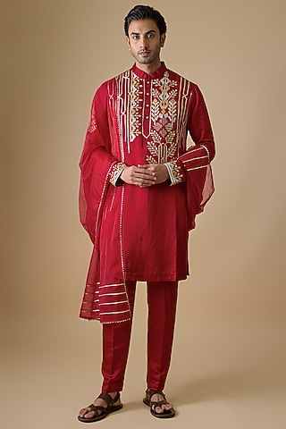 Red Silk Zari & Gota Patti Embroidered Kurta Set by Sharad Raghav men