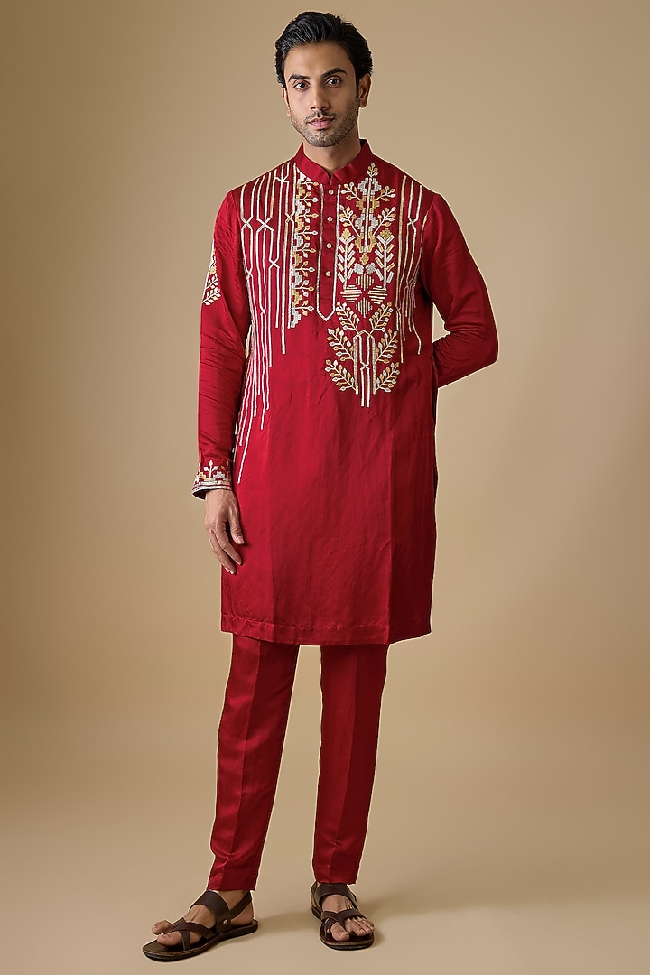 Red Silk Zari & Gota Patti Embroidered Kurta Set by Sharad Raghav men at Pernia's Pop Up Shop