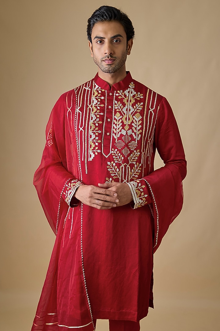 Red Silk Zari & Gota Patti Embroidered Kurta Set by Sharad Raghav men at Pernia's Pop Up Shop