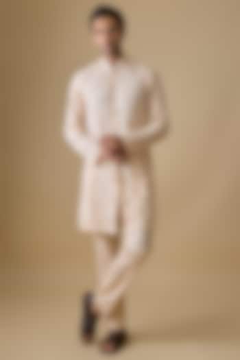 Ivory Linen Silk Pearl Embroidered Kurta Set by sharad raghav men