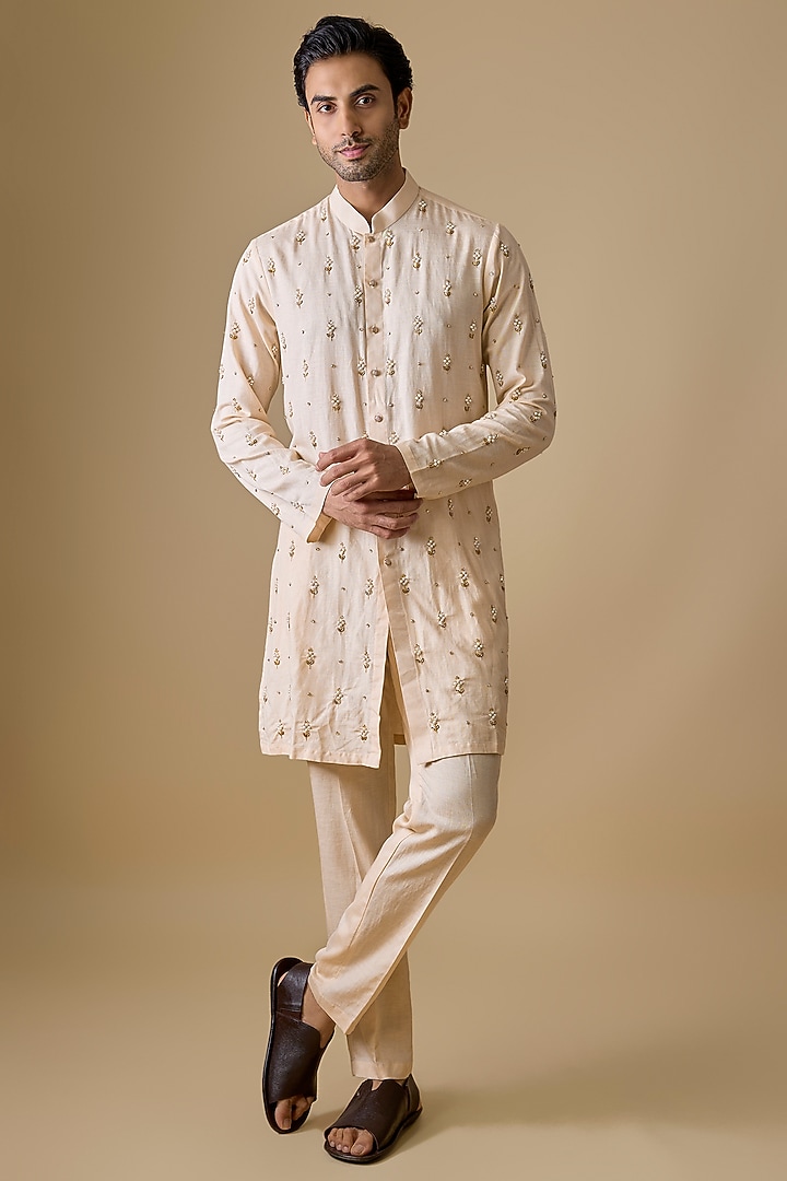 Ivory Linen Silk Pearl Embroidered Kurta Set by sharad raghav men