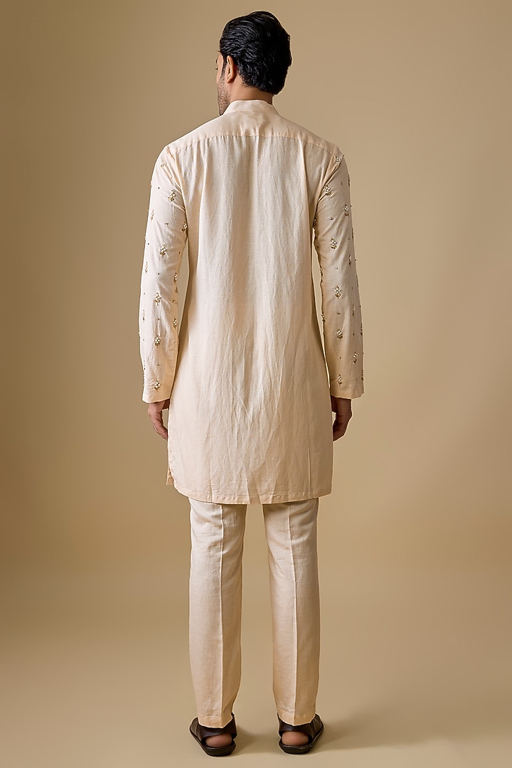Ivory Linen Silk Pearl Embroidered Kurta Set by Sharad Raghav men at Pernia's Pop Up Shop