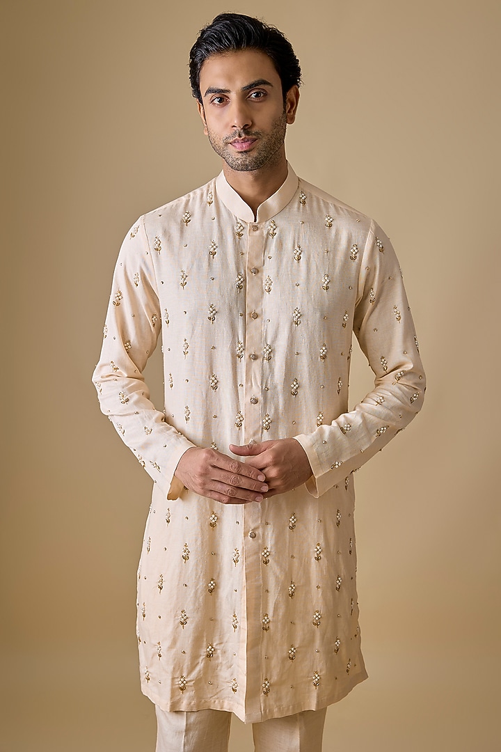 Ivory Linen Silk Pearl Embroidered Kurta Set by Sharad Raghav men at Pernia's Pop Up Shop