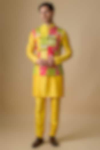 Multi-Colored Pure Banarasi Brocade Handwoven Printed Bundi Jacket Set by sharad raghav men