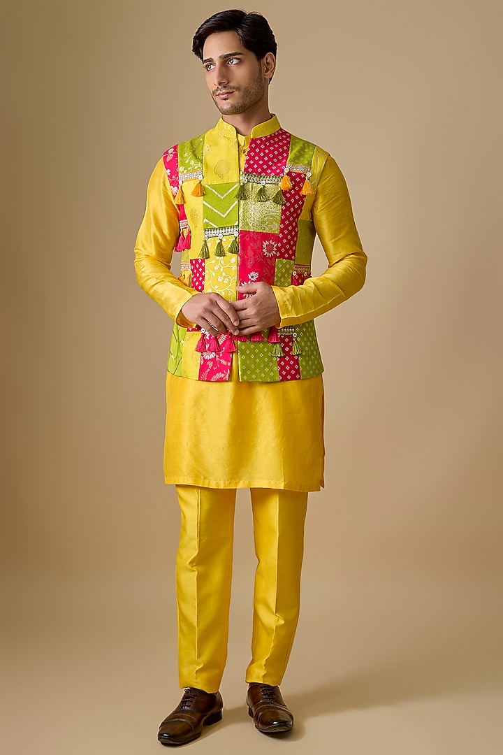 Multi-Colored Pure Banarasi Brocade Handwoven Printed Bundi Jacket Set by sharad raghav men