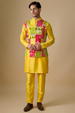 Multi-Colored Pure Banarasi Brocade Handwoven Printed Bundi Jacket Set by Sharad Raghav men