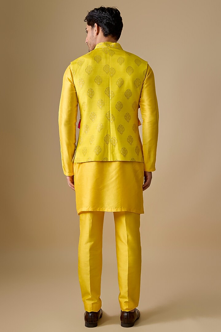 Multi-Colored Pure Banarasi Brocade Handwoven Printed Bundi Jacket Set by Sharad Raghav men at Pernia's Pop Up Shop