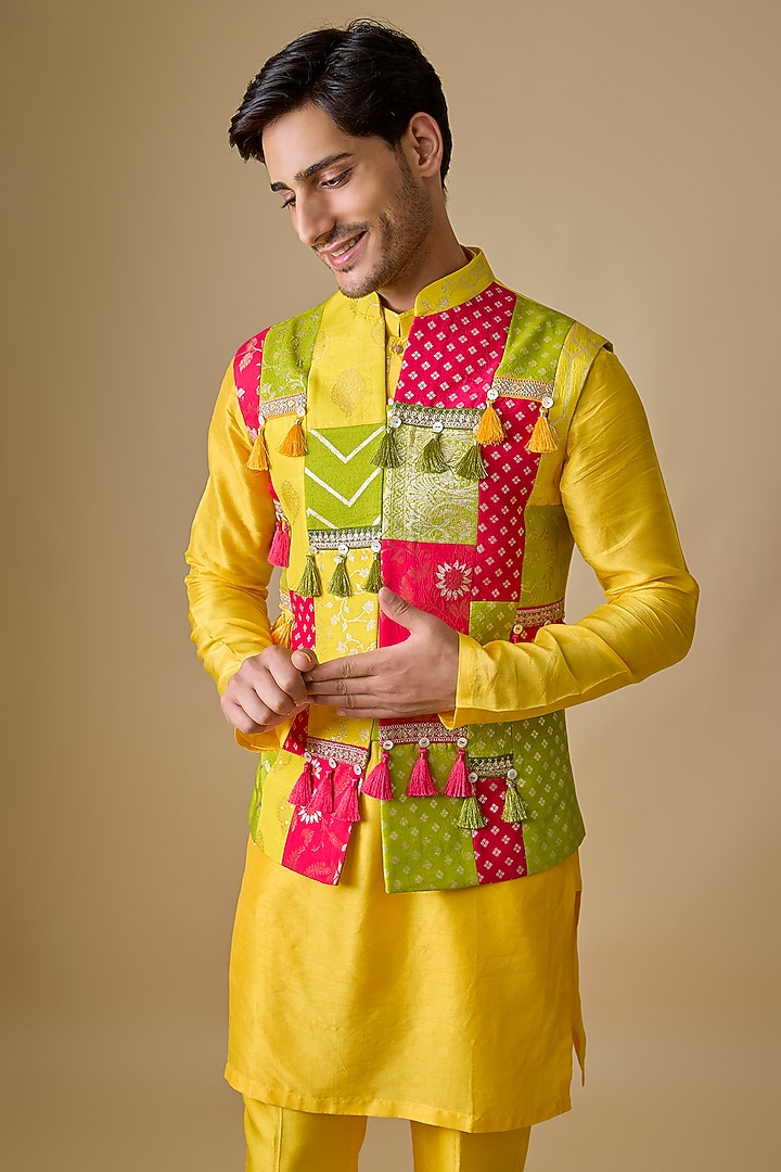 Multi-Colored Pure Banarasi Brocade Handwoven Printed Bundi Jacket Set by Sharad Raghav men at Pernia's Pop Up Shop