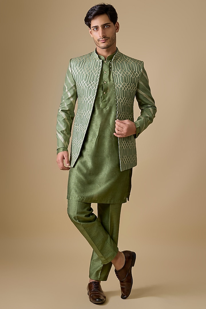 Pastel Green Pure Banarasi Brocade Bandhgala Set by sharad raghav men