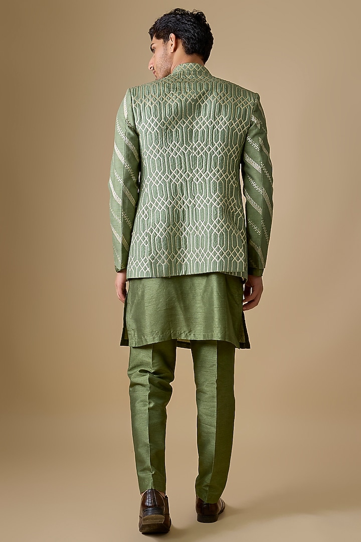 Pastel Green Pure Banarasi Brocade Wedding Bandhgala Set by Sharad Raghav men at Pernia's Pop Up Shop
