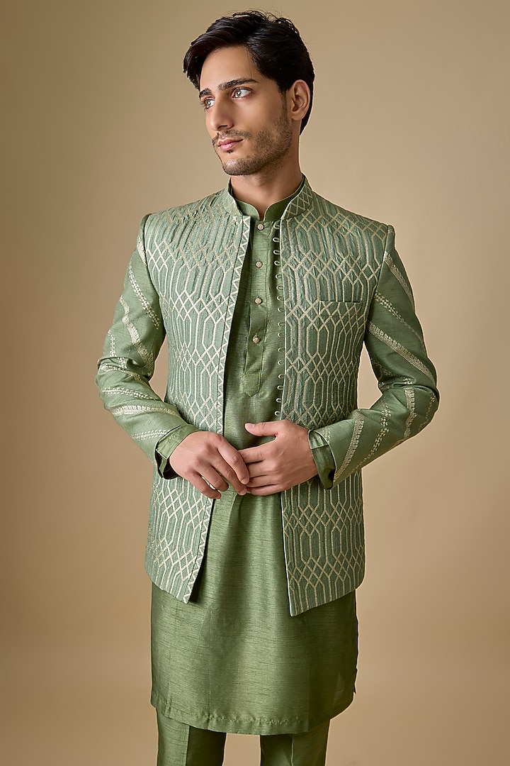 Pastel Green Pure Banarasi Brocade Wedding Bandhgala Set by Sharad Raghav men at Pernia's Pop Up Shop