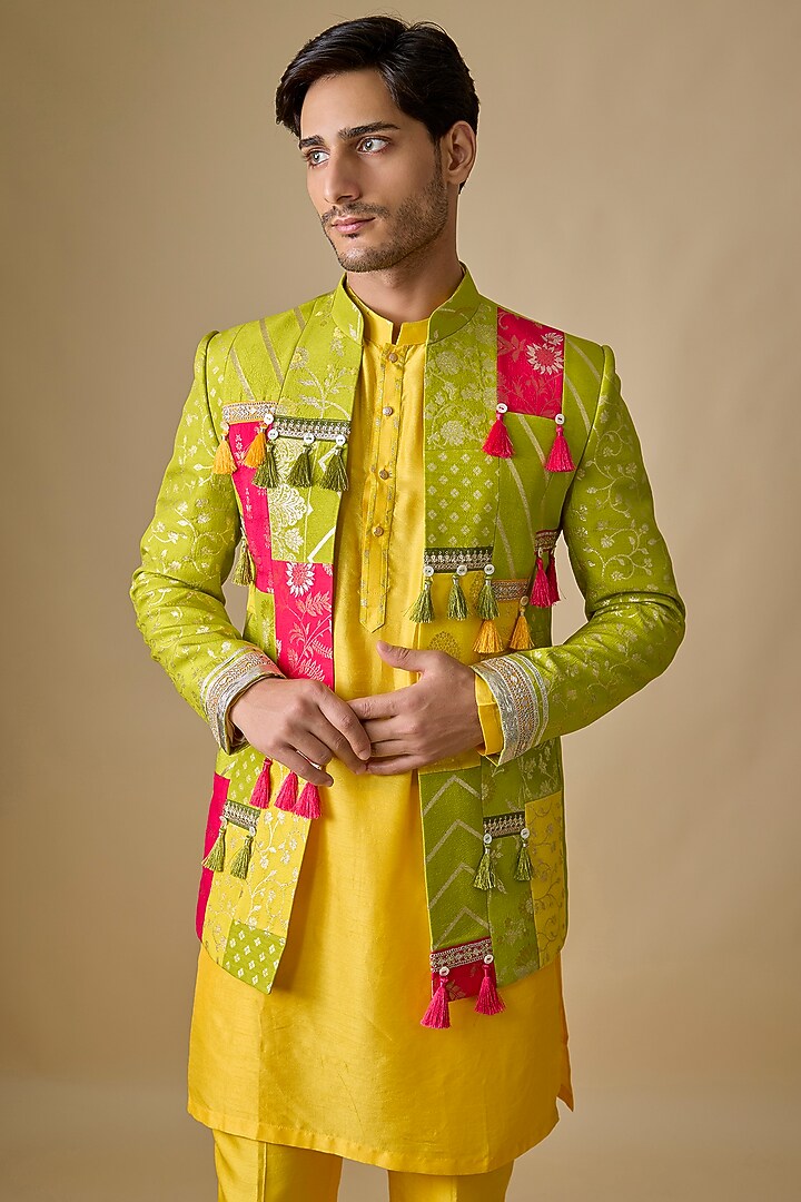 Multi-Colored Pure Banarasi Brocade Wedding Bandhgala Set by Sharad Raghav men at Pernia's Pop Up Shop