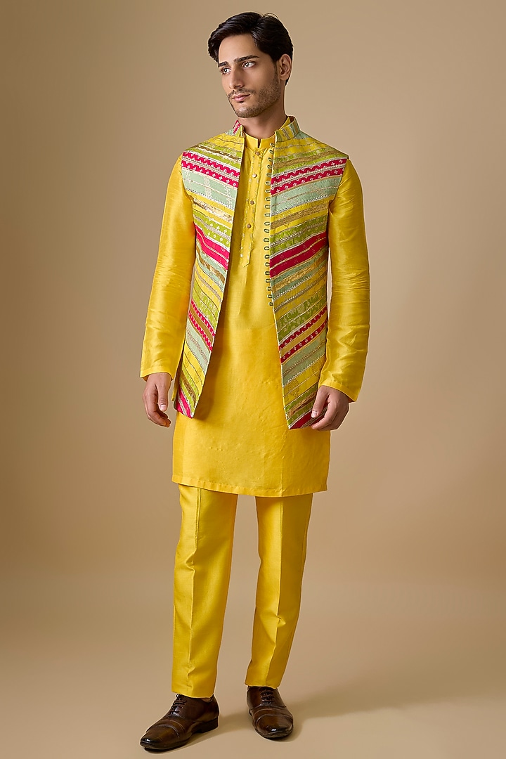 Multi-Colored Pure Banarasi Brocade Handwoven Printed Bundi Jacket Set by sharad raghav men
