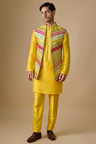 Multi-Colored Pure Banarasi Brocade Handwoven Printed Bundi Jacket Set by Sharad Raghav men