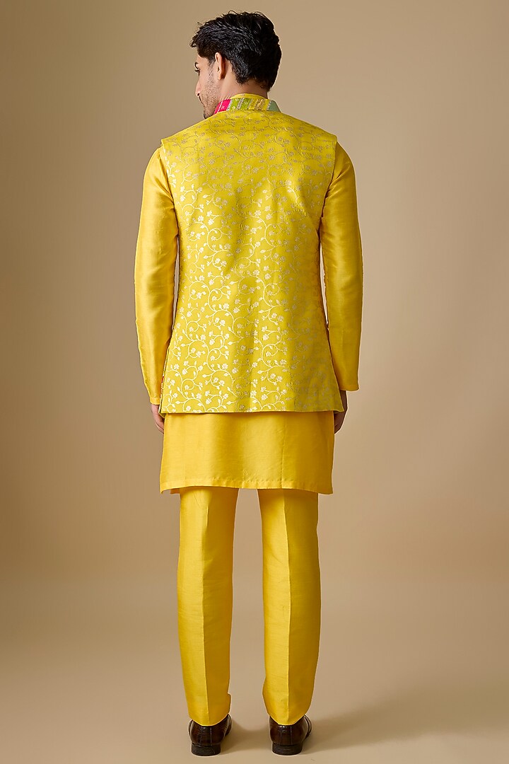 Multi-Colored Pure Banarasi Brocade Handwoven Printed Bundi Jacket Set by Sharad Raghav men at Pernia's Pop Up Shop