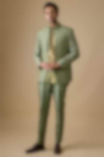 Pastel Green Pure Banarasi Brocade Bandhgala Set by sharad raghav men