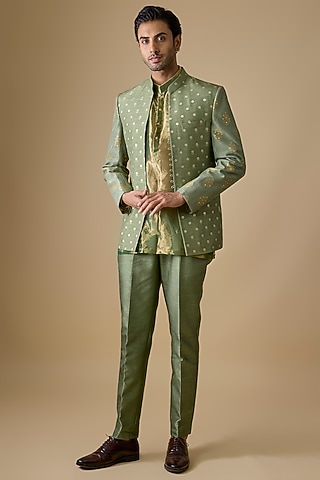 Pastel Green Pure Banarasi Brocade Bandhgala Set by Sharad Raghav men