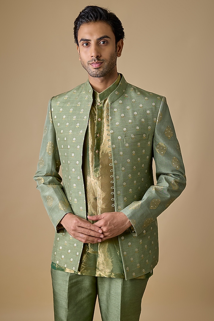Pastel Green Pure Banarasi Brocade Wedding Bandhgala Set by Sharad Raghav men at Pernia's Pop Up Shop