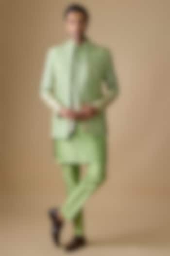 Pistachio Green Pure Banarasi Brocade Bandhgala Set by sharad raghav men