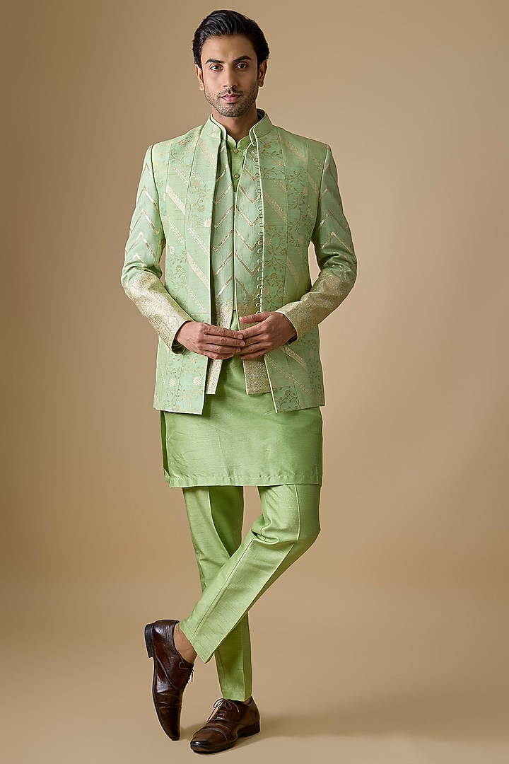 Pistachio Green Pure Banarasi Brocade Bandhgala Set by sharad raghav men