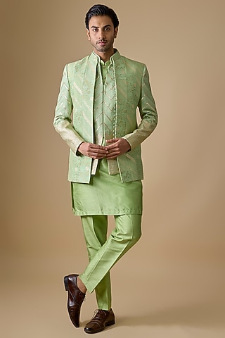 Pistachio Green Pure Banarasi Brocade Bandhgala Set by Sharad Raghav men