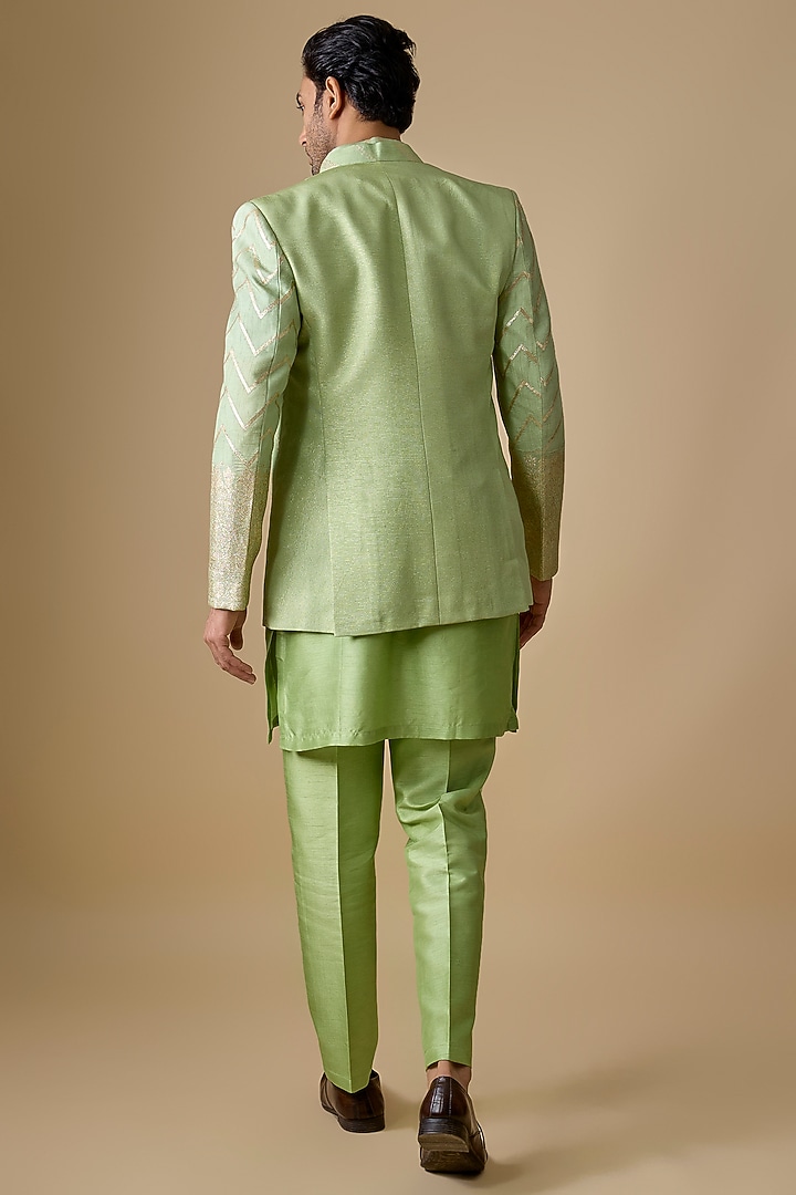 Pistachio Green Pure Banarasi Brocade Wedding Bandhgala Set by Sharad Raghav men at Pernia's Pop Up Shop