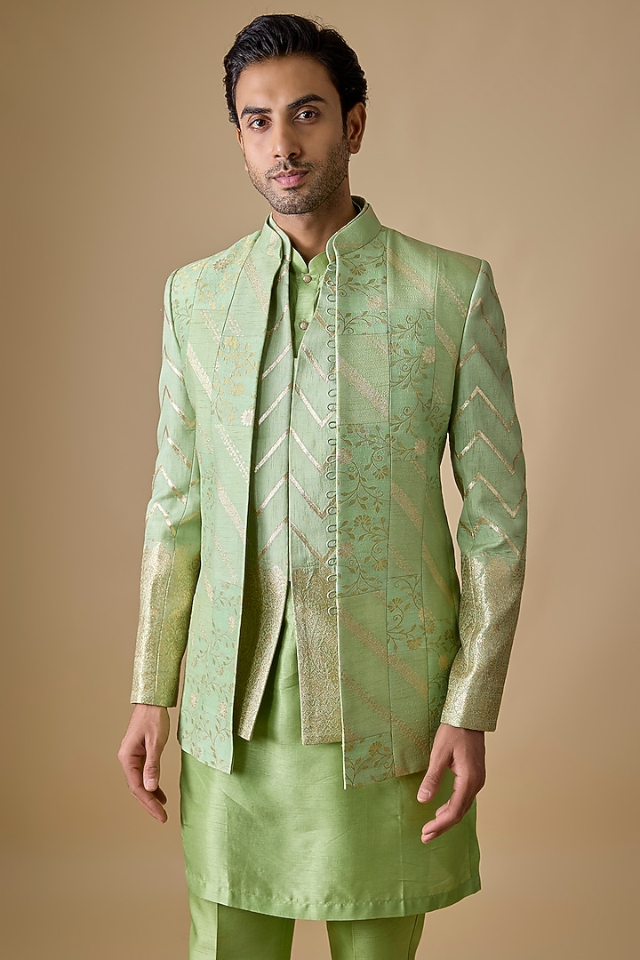 Pistachio Green Pure Banarasi Brocade Wedding Bandhgala Set by Sharad Raghav men at Pernia's Pop Up Shop
