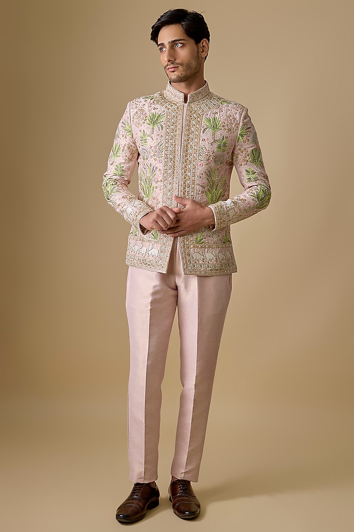 Peach Banarasi Silk Resham & Cutdana Embroidered Bandhgala Set by sharad raghav men