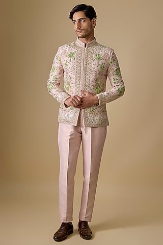 Peach Banarasi Silk Resham & Cutdana Embroidered Bandhgala Set by Sharad Raghav men