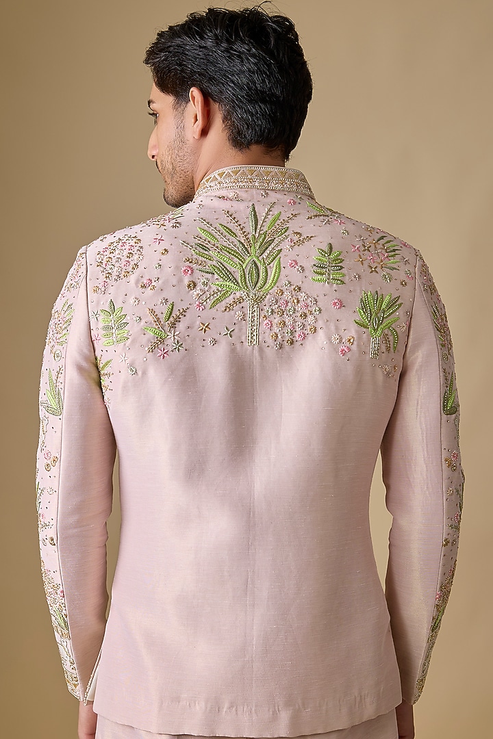 Peach Banarasi Silk Resham & Cutdana Embroidered Wedding Bandhgala Set by Sharad Raghav men at Pernia's Pop Up Shop