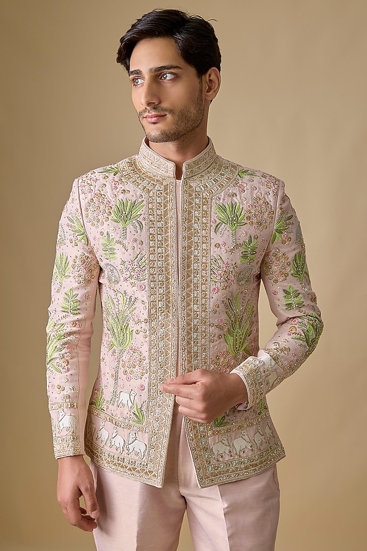 Peach Banarasi Silk Resham & Cutdana Embroidered Wedding Bandhgala Set by Sharad Raghav men at Pernia's Pop Up Shop