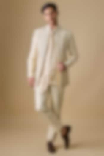 Ivory Banarasi Silk Pearl & Cutdana Embroidered Bandhgala Set by sharad raghav men