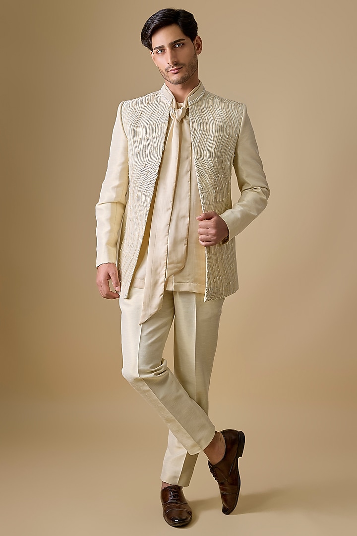 Ivory Banarasi Silk Pearl & Cutdana Embroidered Bandhgala Set by sharad raghav men