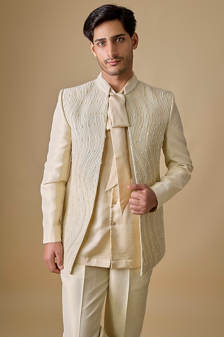 Ivory Banarasi Silk Pearl & Cutdana Embroidered Wedding Bandhgala Set by Sharad Raghav men at Pernia's Pop Up Shop