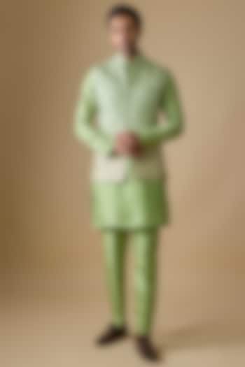 Pistachio Green Pure Banarasi Brocade Handwoven Printed Bundi Jacket Set by sharad raghav men