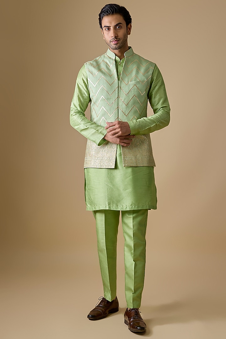 Pistachio Green Pure Banarasi Brocade Handwoven Printed Bundi Jacket Set by sharad raghav men