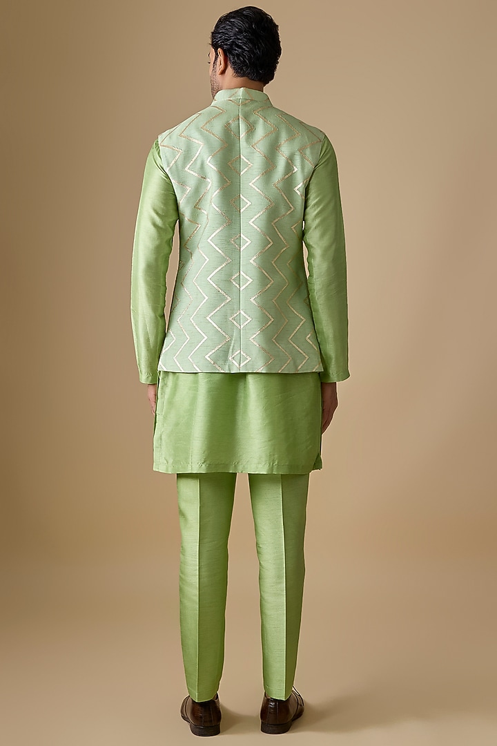 Pistachio Green Pure Banarasi Brocade Handwoven Printed Bundi Jacket Set by Sharad Raghav men at Pernia's Pop Up Shop
