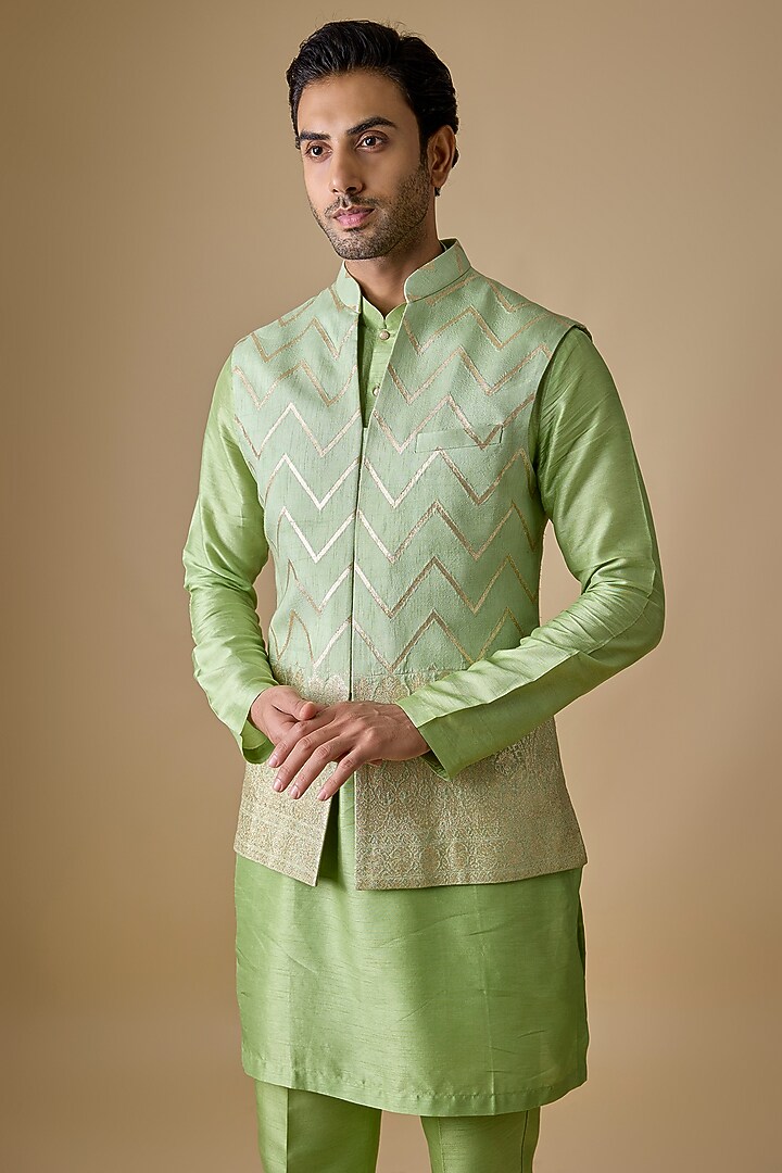 Pistachio Green Pure Banarasi Brocade Handwoven Printed Bundi Jacket Set by Sharad Raghav men at Pernia's Pop Up Shop