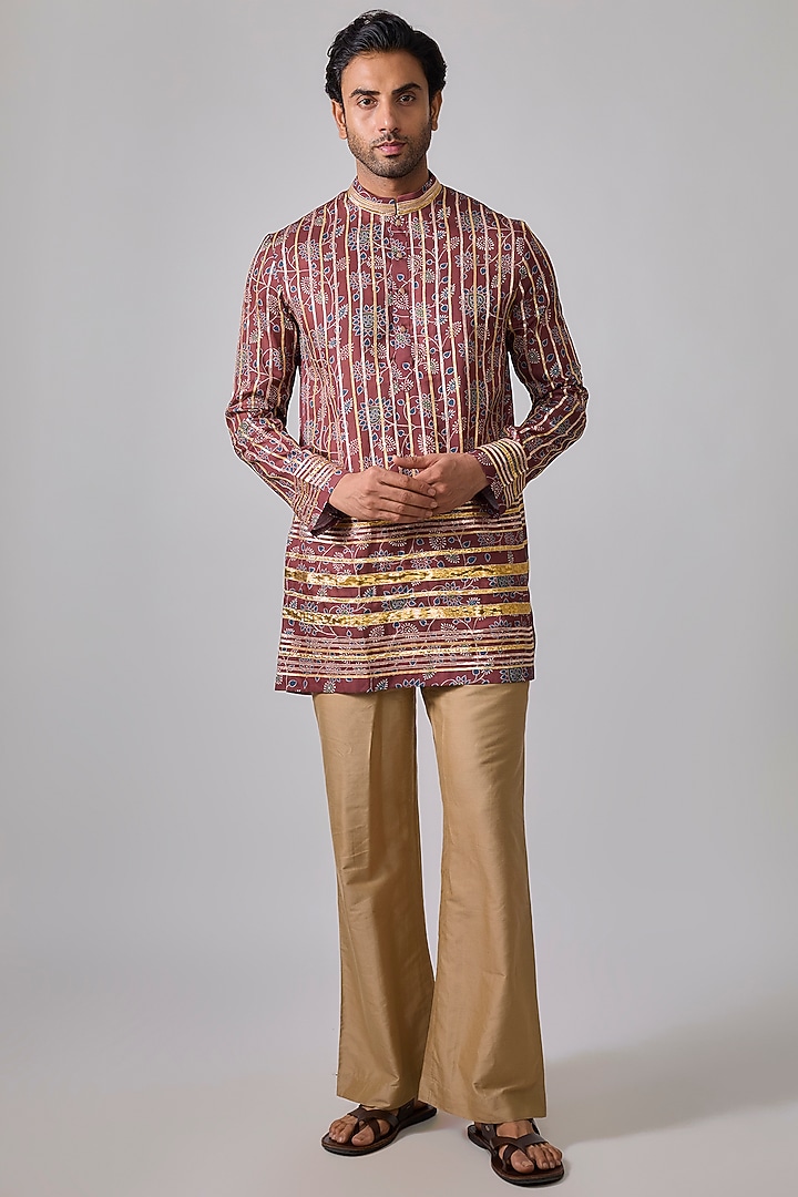 Rustic Red Modal Silk Digital Printed & Mirror Embroidered Kurta Set by Sharad raghav men at Pernia's Pop Up Shop