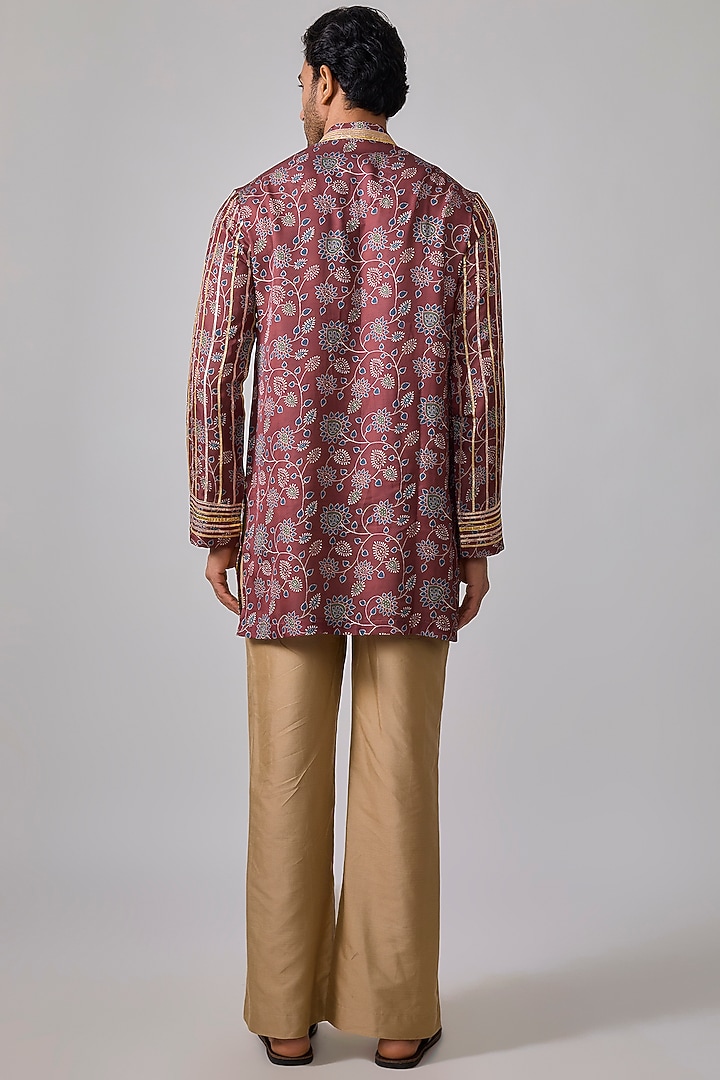 Rustic Red Modal Silk Digital Printed & Mirror Embroidered Kurta Set by Sharad raghav men at Pernia's Pop Up Shop