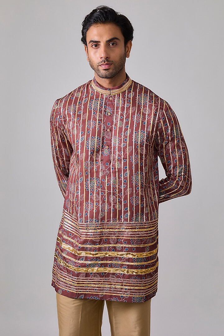 Rustic Red Modal Silk Digital Printed & Mirror Embroidered Kurta Set by Sharad raghav men at Pernia's Pop Up Shop