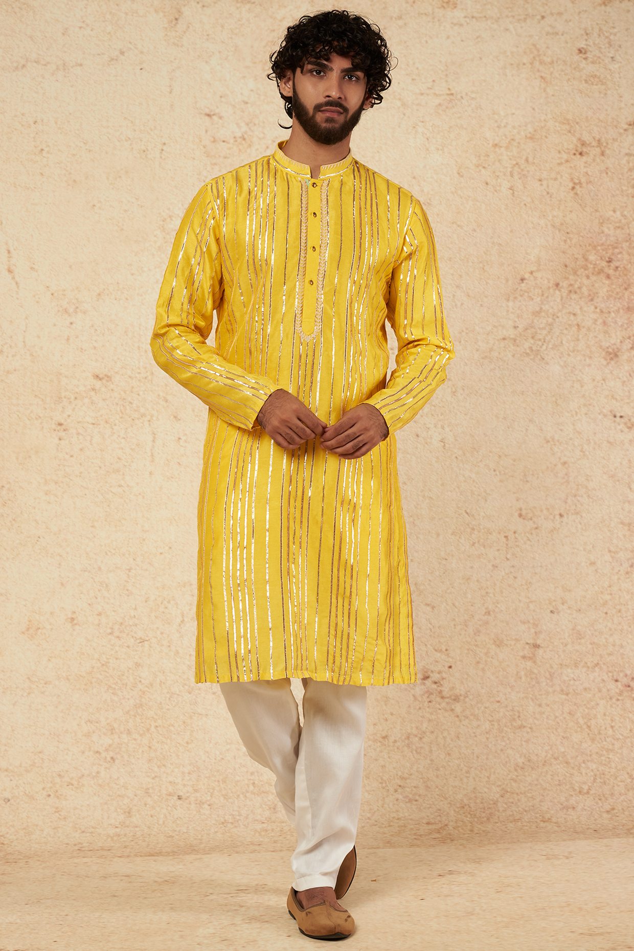Lemon Yellow Silk Mirror Work Kurta Set by sharad raghav men at Pernia's Pop Up Shop