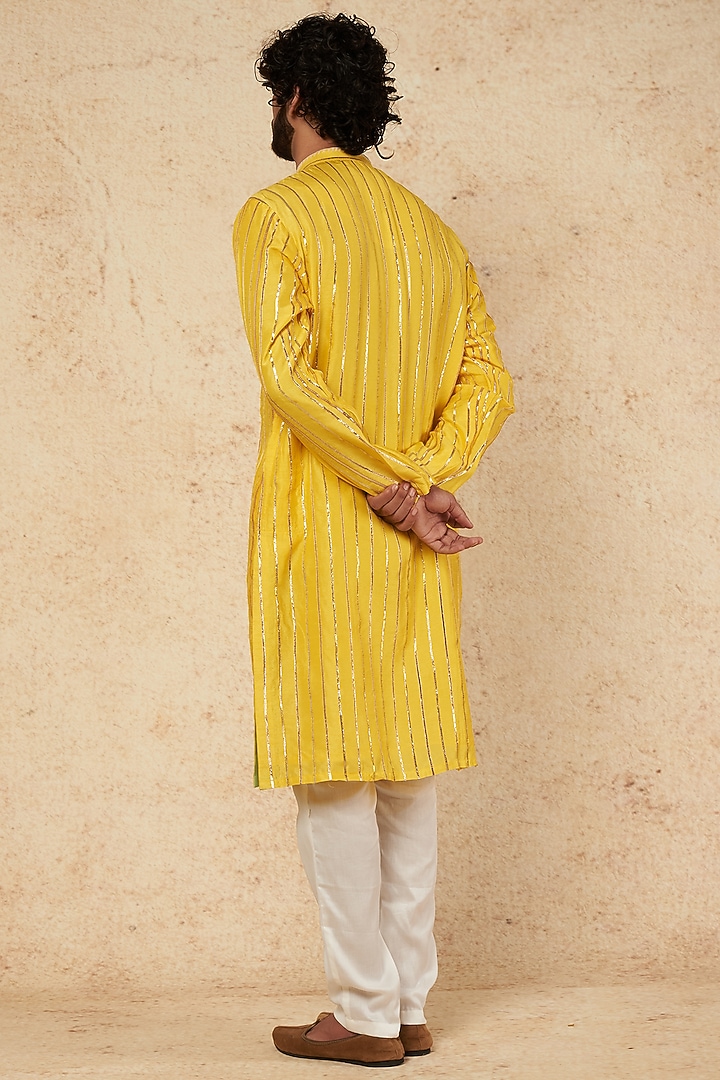 Lemon Yellow Silk Mirror Work Kurta Set by sharad raghav men at Pernia's Pop Up Shop